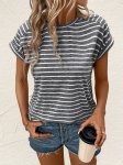 Striped Crew Neck T-Shirt Casual Batwing Short Sleeve T-Shirt For Spring & Summer Women's Clothing