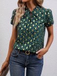 Polka Dot Print Tie Neck Blouse Elegant Short Sleeve Blouse For Spring & Summer Women's Clothing