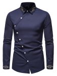 Embroidery Design Men's Stylish Asymmetrical Slim Long Sleeve Single Breast Shirt With Button Banquet Wedding