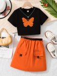 2PCS Butterfly Pattern Short Sleeve Top + Pocket Skirt With Belt Set For Girls Casual And Trendy Holiday Set Summer Gift Kids' C