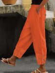Contrast Lace Slant Pockets Pants Casual Button Elastic Waist Pants For Summer Women's Clothing
