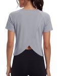 Quenteen Womens Open Back Workout Tops Cropped Gym Shirts Loose Fit Short Yoga Flowy Backless Short Length T Shirt Light Grey La