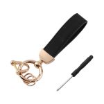 Kewucn Genuine Leather Car Keychain Universal Heavy Duty Metal Auto Key Fob Holder With Anti Lost D-ring For Men Women Golden-bl