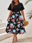 Plus Size Floral Print Patchwork Dress Elegant Long Length Short Sleeve Crew Neck Dress For Spring & Summer Women's Plus Size Cl