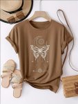 Butterfly & Moon Print Vintage T-Shirt Crew Neck Short Sleeve Top For Spring & Summer Women's Clothing