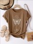 Butterfly & Moon Print Vintage T-shirt Crew Neck Short Sleeve Top For Spring & Summer Women's Clothing