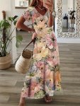 Floral Print V-neck Dress Vacation Style Short Sleeve Maxi Dress For Spring & Summer Women's Clothing