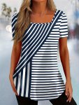 Striped Print Square Neck T-Shirt Casual Short Sleeve T-Shirt For Summer Women's Clothing
