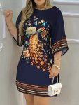 Peacock & Flower Print Half Sleeve Dress Contrast Trim Crew Neck Dress For Spring & Summer Women's Clothing