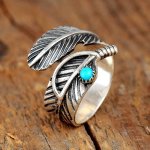 Vintage Leaf Ring Silver Plated Inlaid Turquoise Adjustable Wrap Ring Match Daily Outfits Suitable For Men And Women Summer Beac