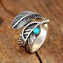 Vintage Leaf Ring Silver Plated Inlaid Turquoise Adjustable Wrap Ring Match Daily Outfits Suitable For Men And Women Summer Beach Decor