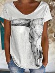 Cow Head Print T-Shirt V Neck Short Sleeve T-Shirt Casual Every Day Tops Women's Clothing