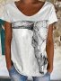 Cow Head Print T-Shirt V Neck Short Sleeve T-Shirt Casual Every Day Tops Women's Clothing