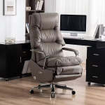 Ergonomic Genuine Leather Executive Office Chair With Adjustable Features & Stainless Steel Base - Dark Grey