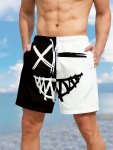 Men's Color Matching Smiling Face Graphic Print Shorts With Pockets Casual Drawstring Shorts For Beach Summer Holiday Swimming S