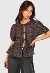 Leopard Puff Sleeve Bow Tie Top - Brown