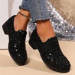 Women's Sequins Decor Chunky Heel Loafers Fashion Preppy Style Dress Shoes Comfortable Slip On Shoes