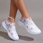 Women's Rhinestone Decor Sneakers Floral & Butterfly Print Slip On Shoes Breathable Knit Running Shoes