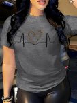 Heart Print Crew Neck T-Shirt Short Sleeve Casual Top For Summer & Spring Women's Clothing