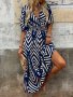 Chevron Print Surplice Neck Dress Elegant Short Sleeve Shirred Waist A-line Dress For Spring & Summer Women's Clothing