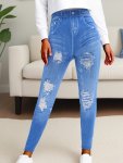Elegant High Stretch Polyester-spandex Middle East Style Jegging Ripped Bleached Solid Color Cropped Leggings With Fake Pockets