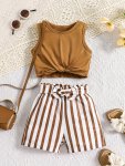 Baby's Casual 2PCS Summer Outfit Knotted Tank Top & Vertical Stripe Pattern Shorts Set Toddler & Infant Girl's Clothes For Daily
