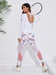 3PCS Sports Set Floral Print Racerback Sports Bra & Long Sleeve Running Top & Leggings Women's Activewear