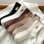 5 Pairs Bear Pattern Socks Cute & Breathable Mid Tube Socks Women's Stockings & Hosiery