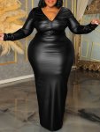 Plus Size Solid Faux Leather Two-piece Skirt Set V Neck Long Sleeve Top & High Skirts Outfits Women's Plus Size Clothing