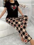 Women's Heart Plaid Print Casual Pajama Set Short Sleeve Round Neck Top & Pants Comfortable Relaxed Fit