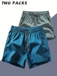 Men's Two-piece Set Of Solid Color Sports Shorts With Drawstring And Dual Zippered Front Pockets Casual And Chic Shorts Suitable