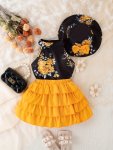 Baby's Elegant Flower Pattern 2PCS Summer Outfit Halter Neck Sleeveless Top & Hat & Tiered Skirt Set Toddler & Infant Girl's Clo