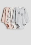 3 Pack Long-sleeved Bodysuits - Light Grey Marl bunnies