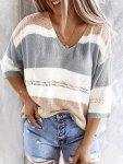 Color Block V Neck Sweater Casual Half Sleeve Knit Top For Spring & Summer Women's Clothing