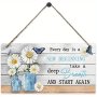 Inspirational Daisy Hanging Decor With Colorful Accents - Faux Wood Horizontal Wall Art For Home Office Kitchen - Perfect Warm Gift
