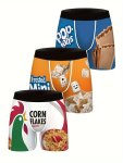 3PCS Men's Cartoon Food Pattern Print Boxer Briefs Novelty Snack-themed Print Underwear Knitted Elastic Comfortable Breathable T