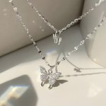 Cubic Zirconia Decor Double Layered Butterfly Pendant Necklace Girls Accessories Birthday Graduation Party Necklaces Gift For Gi