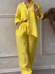 Solid Color Casual Pantsuits Single Breasted Long Sleeve Shirt & Elastic Waist Pants Outfits Women's Clothing