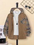Boys Plaid Pattern Knit Hooded Cardigan Long Sleeve Casual Retro Style Jacket For Spring fall