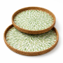 Set Of 2 Round Rattan & Green Shell Inlay Serving Trays