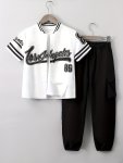 2-PIECE Boys Novelty Spring And Summer Outfit Set Los Angeles Print Versatile Short Sleeve Baseball Collar Shirt & Cargo Pants C