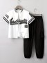 2-PIECE Boys Novelty Spring And Summer Outfit Set Los Angeles Print Versatile Short Sleeve Baseball Collar Shirt & Cargo Pants Comfy Boys Clothes