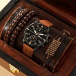 4-PIECE Men's Casual Watch Set With Studded Round Dial Quartz Movement Skeleton Design Pu Leather Strap & Coordinated Brown Brac