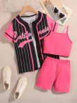 3PCS Trendy Girls Splicing Stripped Short Sleeve Open Front Outerwear + Cami Top + Shorts Set For Summer Gift Outdoor