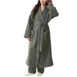 Stripes Plush Robes For Women Soft Fuzzy Warm Fleece Bathrobe Shaggy Warm Nightgown With Pockets Long Spa Robe Green