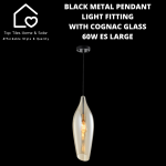 Black Metal Pendant Light Fitting With Cognac Glass - 60W Es Large