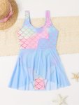 Stretchy Gradient Fish Scale Print Sleeveless 1-PIECE Swimwear For Girls Summer Beach Vacation Gift