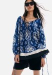Drawstring-detail Blouse - Bright Blue Patterned
