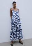 Long A-line Dress - White & Blue Floral