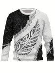 Comfy Men's Vintage Maori Silver Fern Pattern Long Sleeve Crew Neck Pullover Henley Shirt Spring Fall